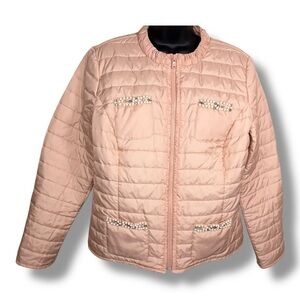 Size 8 Chicos 1 Pastel Pink Puffer Jacket Rhinestone Pearl Accent Full Zip